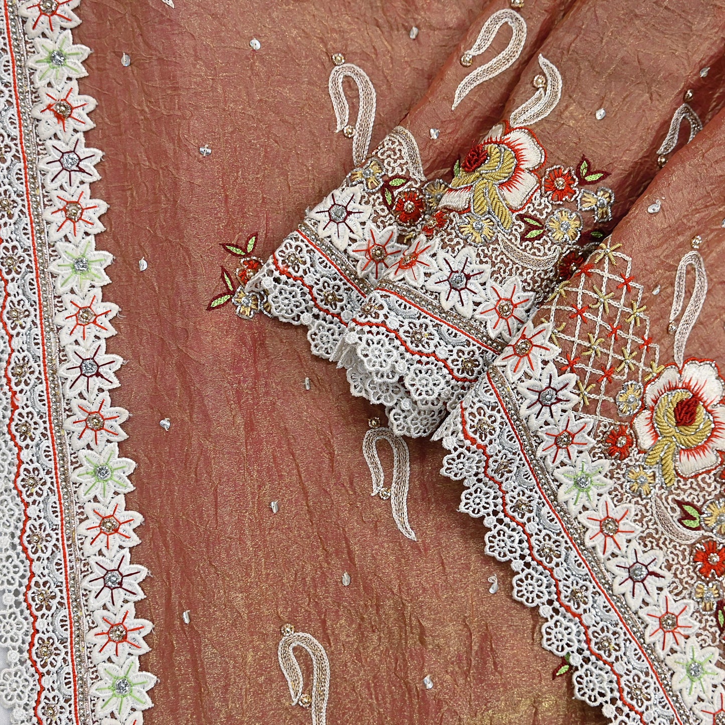 Indian Vintage Heavy Dupatta Golden Peach Pure Georgette Silk Long Stole Hand Embroidered Scarf Zardozi/Dabka Zari Wedding/Party Dupatta