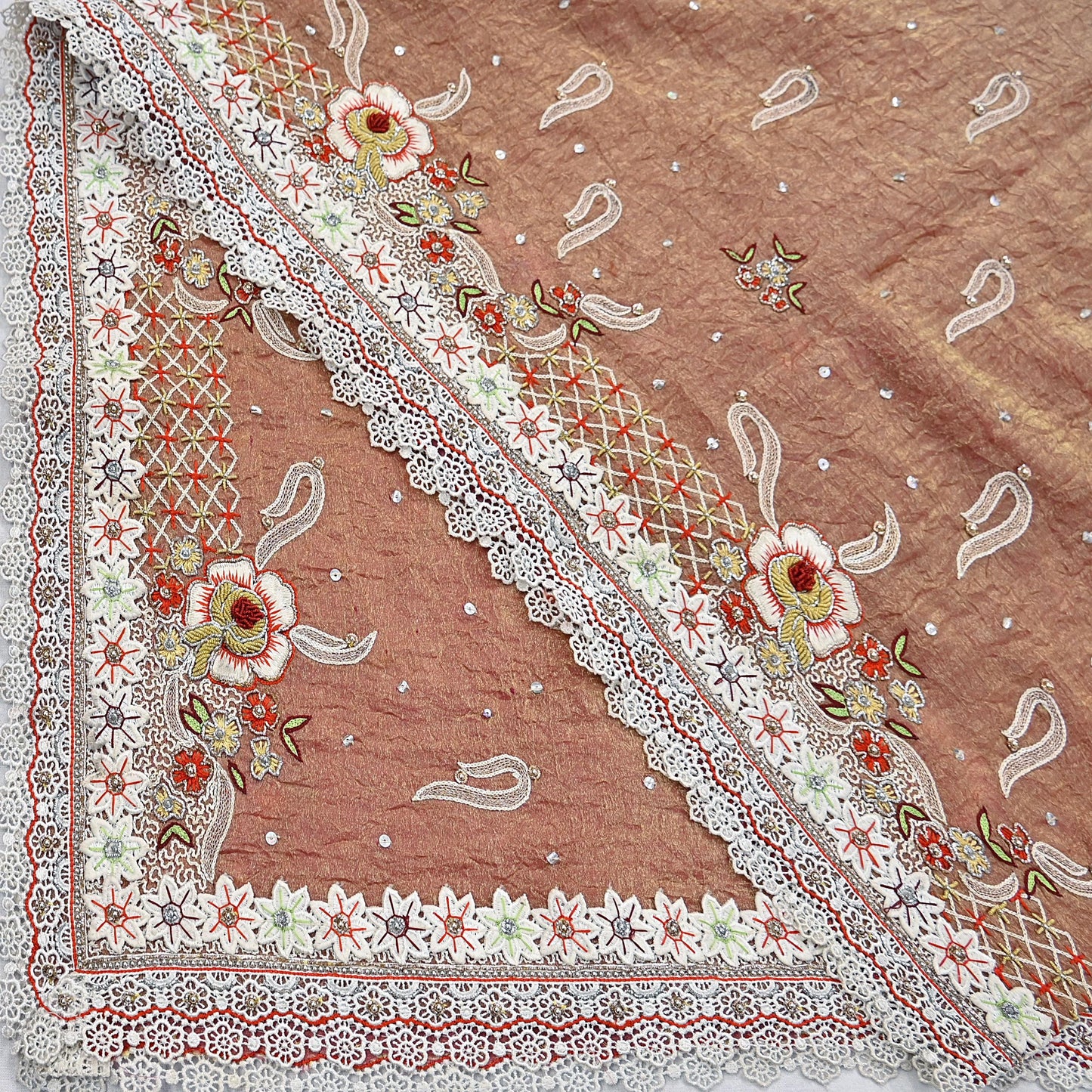 Indian Vintage Heavy Dupatta Golden Peach Pure Georgette Silk Long Stole Hand Embroidered Scarf Zardozi/Dabka Zari Wedding/Party Dupatta