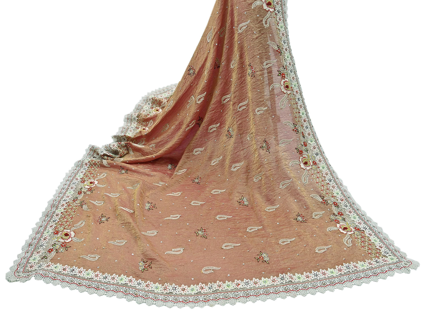 Indian Vintage Heavy Dupatta Golden Peach Pure Georgette Silk Long Stole Hand Embroidered Scarf Zardozi/Dabka Zari Wedding/Party Dupatta