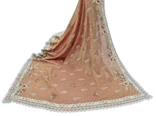 Indian Vintage Heavy Dupatta Golden Peach Pure Georgette Silk Long Stole Hand Embroidered Scarf Zardozi/Dabka Zari Wedding/Party Dupatta