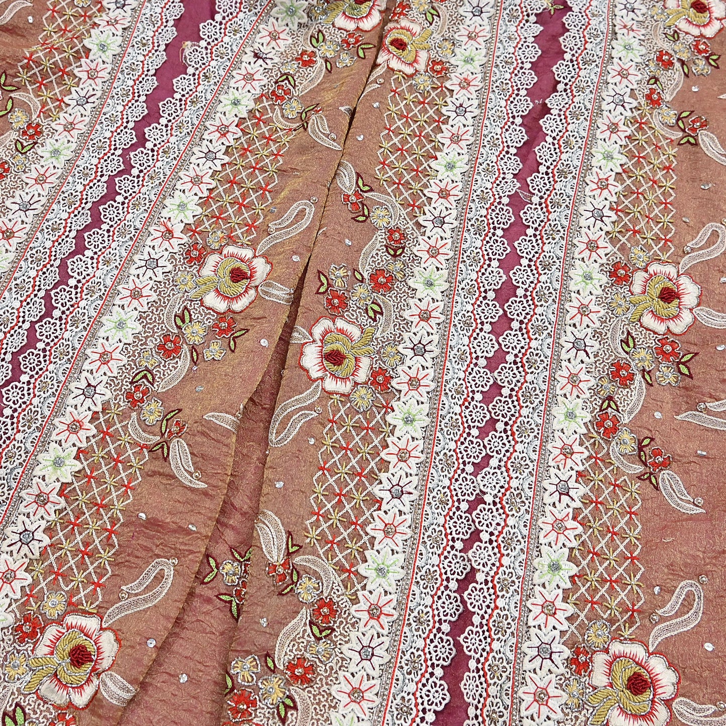 Indian Vintage Heavy Dupatta Golden Peach Pure Georgette Silk Long Stole Hand Embroidered Scarf Zardozi/Dabka Zari Wedding/Party Dupatta