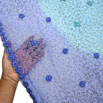 Indian Vintage Heavy Blue Dupatta Net Mesh Long Stole Hand Embroidered Scarf Zardozi Zari Sequins Stole Bridal Veil