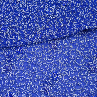 Indian Vintage Heavy Blue Dupatta Net Mesh Long Stole Hand Embroidered Scarf Zardozi Zari Sequins Stole Bridal Veil