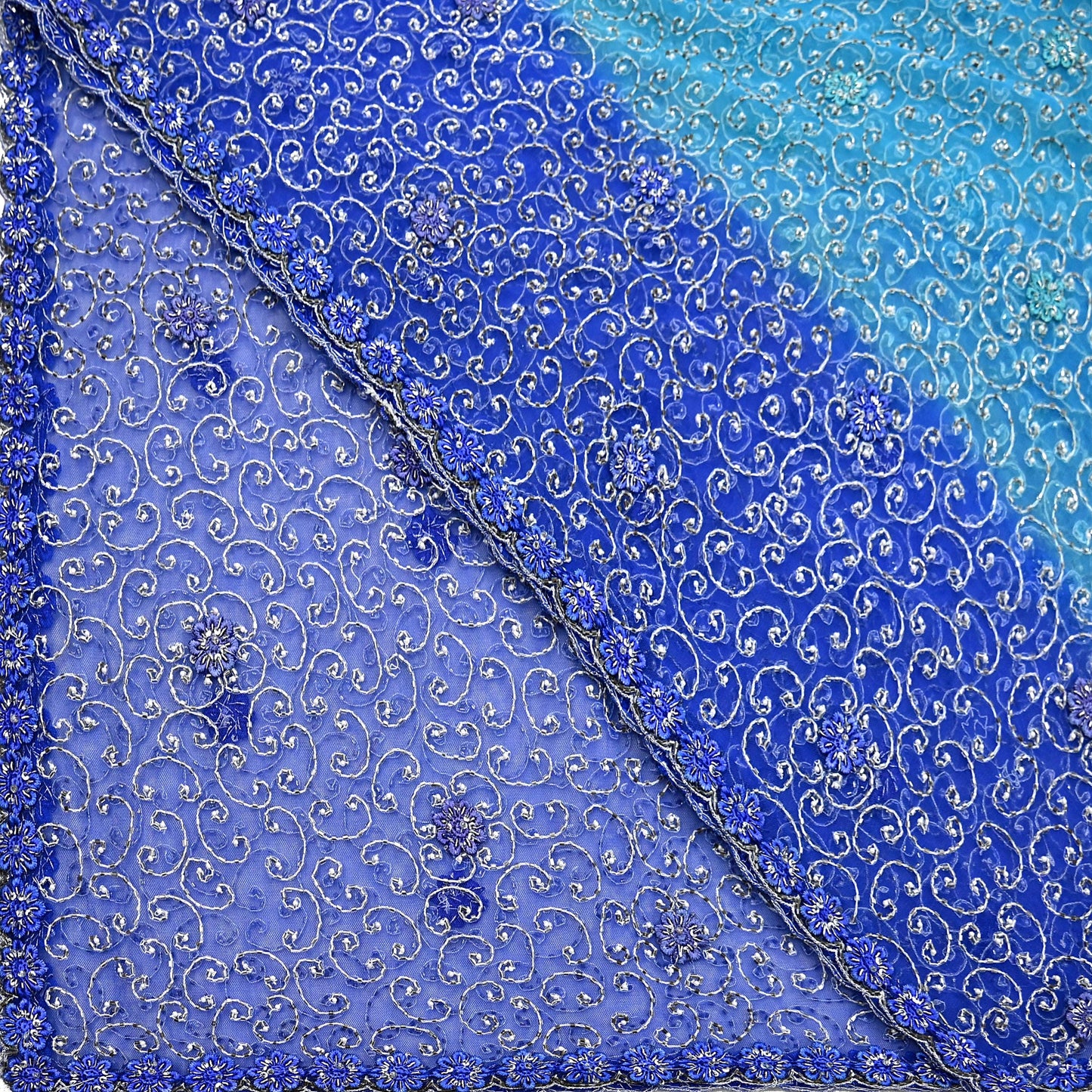 Indian Vintage Heavy Blue Dupatta Net Mesh Long Stole Hand Embroidered Scarf Zardozi Zari Sequins Stole Bridal Veil