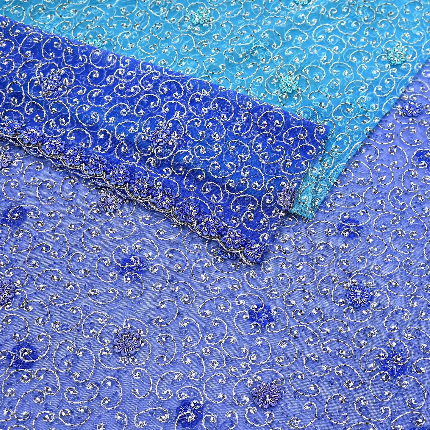 Indian Vintage Heavy Blue Dupatta Net Mesh Long Stole Hand Embroidered Scarf Zardozi Zari Sequins Stole Bridal Veil