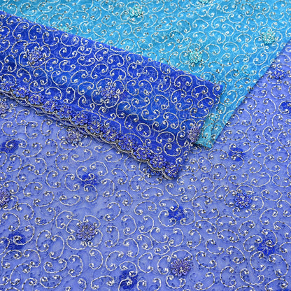 Indian Vintage Heavy Blue Dupatta Net Mesh Long Stole Hand Embroidered Scarf Zardozi Zari Sequins Stole Bridal Veil