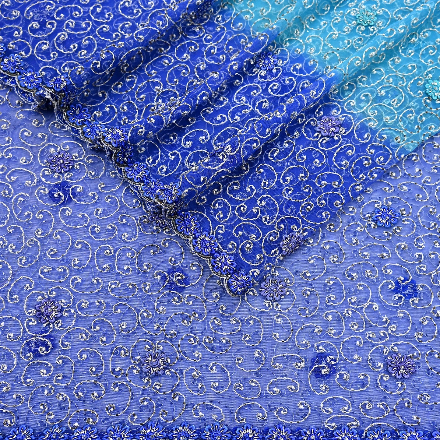 Indian Vintage Heavy Blue Dupatta Net Mesh Long Stole Hand Embroidered Scarf Zardozi Zari Sequins Stole Bridal Veil