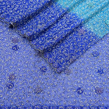 Indian Vintage Heavy Blue Dupatta Net Mesh Long Stole Hand Embroidered Scarf Zardozi Zari Sequins Stole Bridal Veil