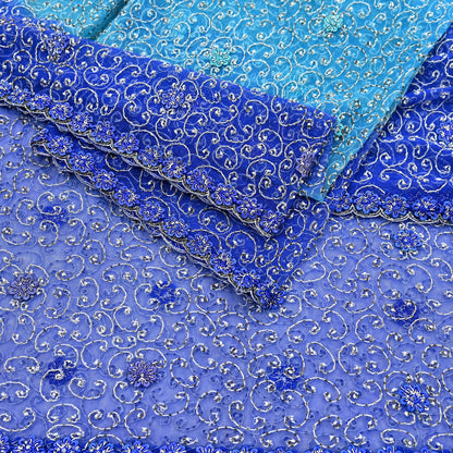 Indian Vintage Heavy Blue Dupatta Net Mesh Long Stole Hand Embroidered Scarf Zardozi Zari Sequins Stole Bridal Veil