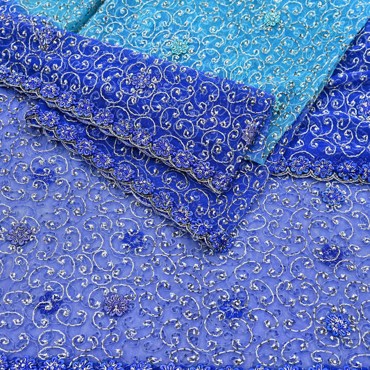 Indian Vintage Heavy Blue Dupatta Net Mesh Long Stole Hand Embroidered Scarf Zardozi Zari Sequins Stole Bridal Veil
