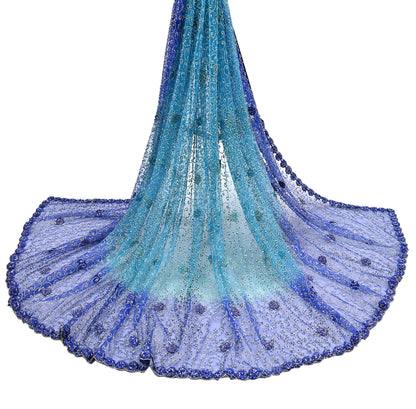 Indian Vintage Heavy Blue Dupatta Net Mesh Long Stole Hand Embroidered Scarf Zardozi Zari Sequins Stole Bridal Veil