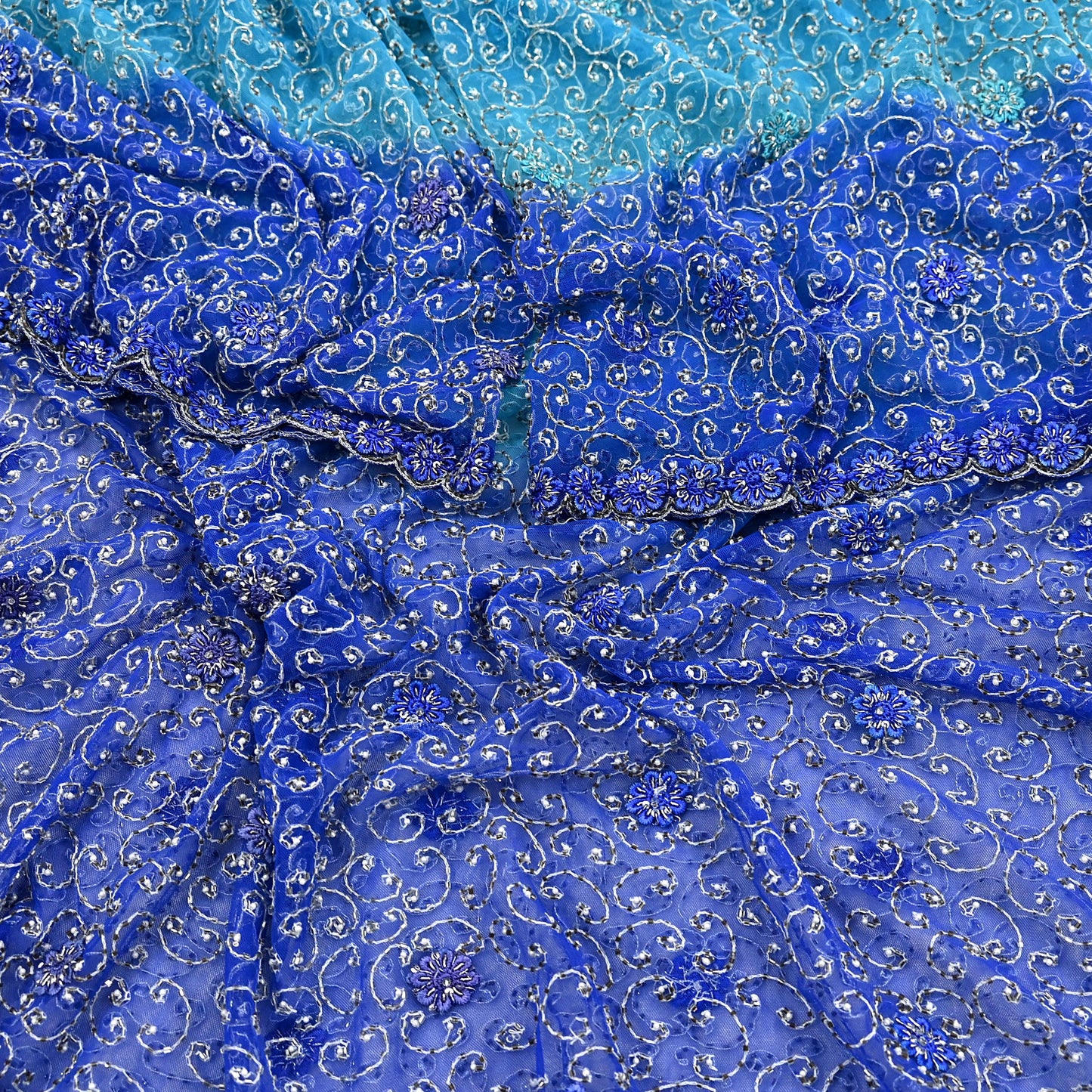 Indian Vintage Heavy Blue Dupatta Net Mesh Long Stole Hand Embroidered Scarf Zardozi Zari Sequins Stole Bridal Veil