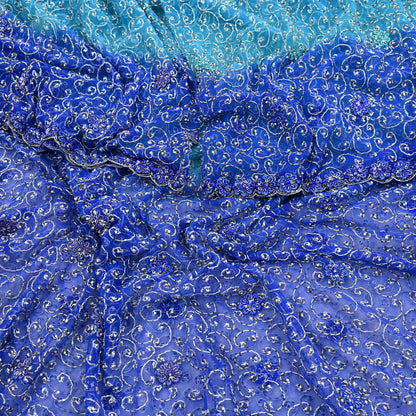 Indian Vintage Heavy Blue Dupatta Net Mesh Long Stole Hand Embroidered Scarf Zardozi Zari Sequins Stole Bridal Veil