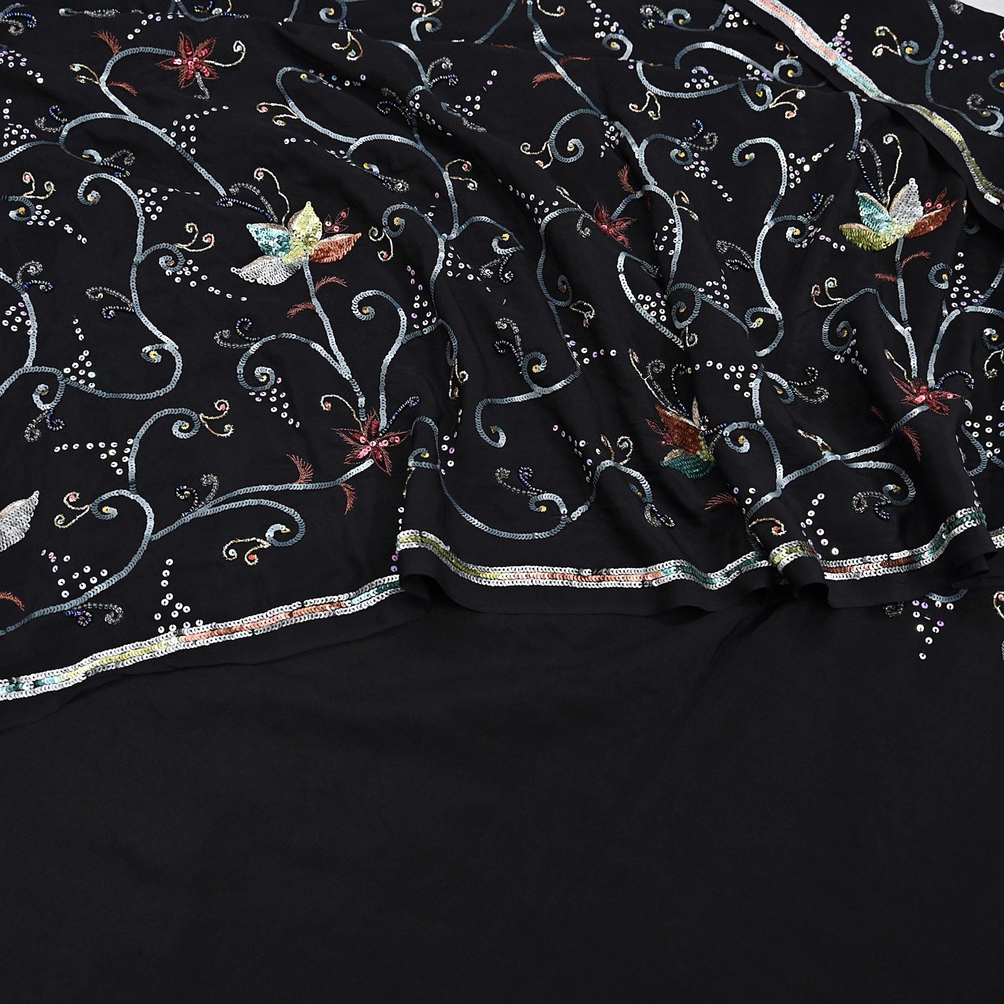 Indian Vintage Black Saree Pure Crepe Silk Hand Embroidered Sari Craft Fabric 5Yd Sewing Soft Zardozi/Dabka Sequins Wedding/Bridal Sarees