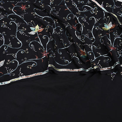 Indian Vintage Black Saree Pure Crepe Silk Hand Embroidered Sari Craft Fabric 5Yd Sewing Soft Zardozi/Dabka Sequins Wedding/Bridal Sarees