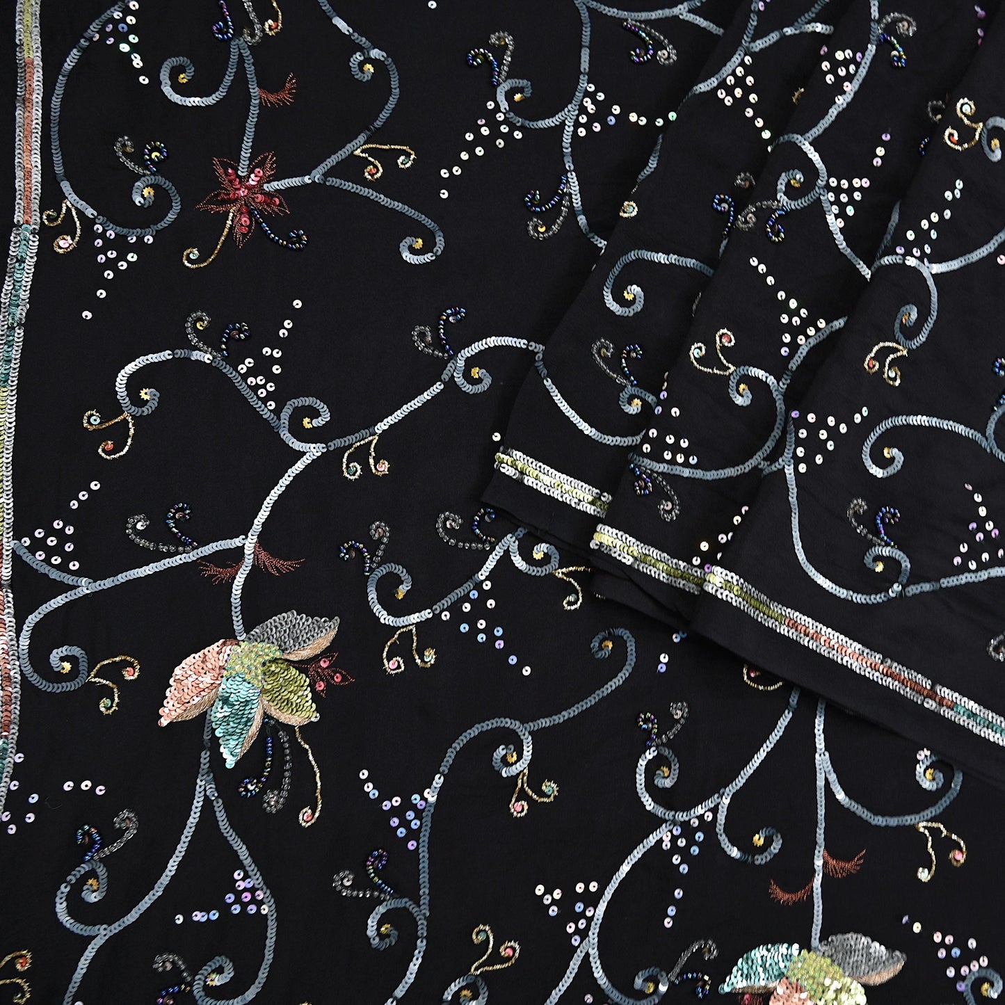Indian Vintage Black Saree Pure Crepe Silk Hand Embroidered Sari Craft Fabric 5Yd Sewing Soft Zardozi/Dabka Sequins Wedding/Bridal Sarees