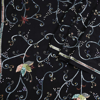 Indian Vintage Black Saree Pure Crepe Silk Hand Embroidered Sari Craft Fabric 5Yd Sewing Soft Zardozi/Dabka Sequins Wedding/Bridal Sarees