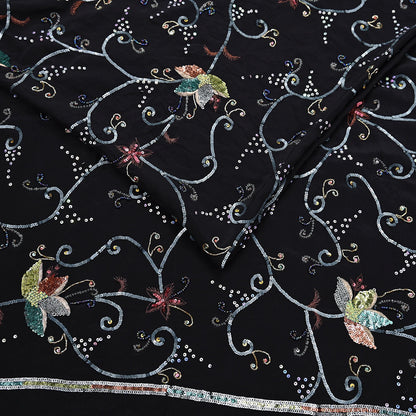 Indian Vintage Black Saree Pure Crepe Silk Hand Embroidered Sari Craft Fabric 5Yd Sewing Soft Zardozi/Dabka Sequins Wedding/Bridal Sarees