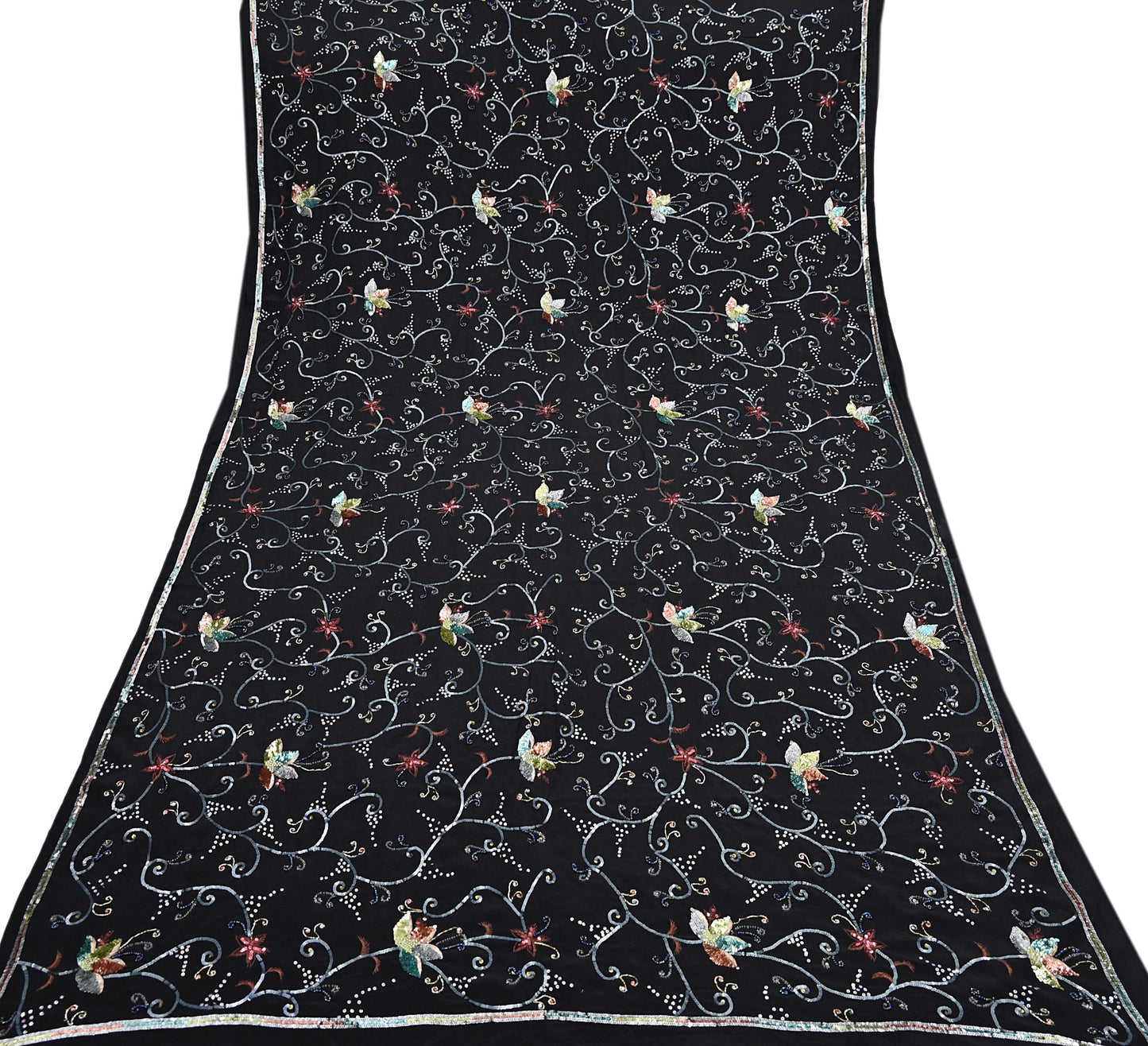 Indian Vintage Black Saree Pure Crepe Silk Hand Embroidered Sari Craft Fabric 5Yd Sewing Soft Zardozi/Dabka Sequins Wedding/Bridal Sarees
