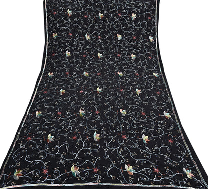 Indian Vintage Black Saree Pure Crepe Silk Hand Embroidered Sari Craft Fabric 5Yd Sewing Soft Zardozi/Dabka Sequins Wedding/Bridal Sarees