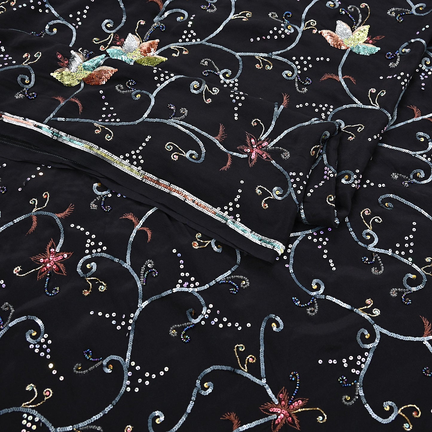Indian Vintage Black Saree Pure Crepe Silk Hand Embroidered Sari Craft Fabric 5Yd Sewing Soft Zardozi/Dabka Sequins Wedding/Bridal Sarees