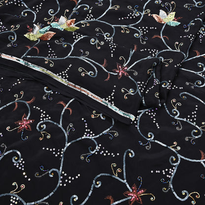 Indian Vintage Black Saree Pure Crepe Silk Hand Embroidered Sari Craft Fabric 5Yd Sewing Soft Zardozi/Dabka Sequins Wedding/Bridal Sarees