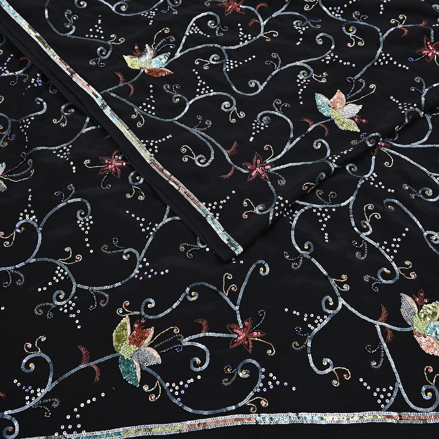 Indian Vintage Black Saree Pure Crepe Silk Hand Embroidered Sari Craft Fabric 5Yd Sewing Soft Zardozi/Dabka Sequins Wedding/Bridal Sarees