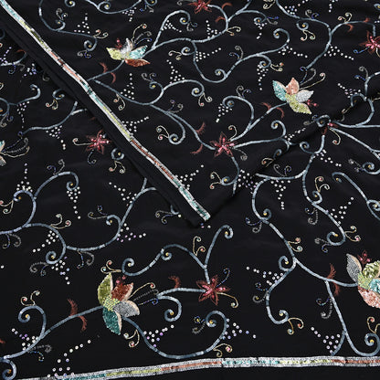 Indian Vintage Black Saree Pure Crepe Silk Hand Embroidered Sari Craft Fabric 5Yd Sewing Soft Zardozi/Dabka Sequins Wedding/Bridal Sarees