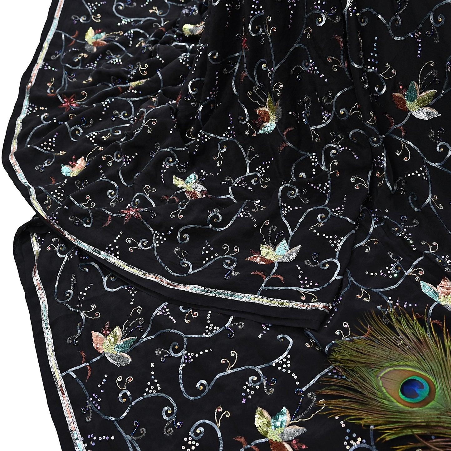 Indian Vintage Black Saree Pure Crepe Silk Hand Embroidered Sari Craft Fabric 5Yd Sewing Soft Zardozi/Dabka Sequins Wedding/Bridal Sarees