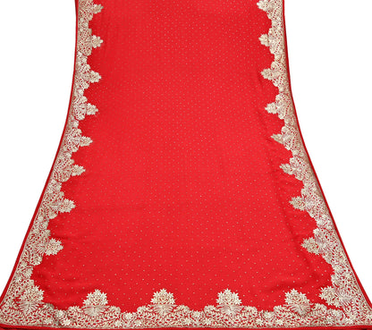 Indian Vintage Heavy Sari Red Georgette Hand Beaded Sarees Craft Fabric 5Yd Sewing Soft Ethnic Wedding Dress making