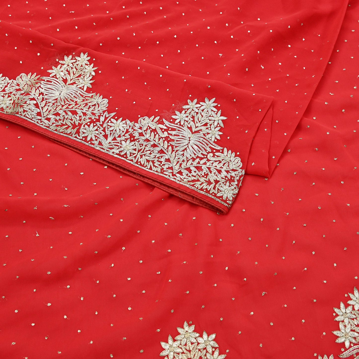 Indian Vintage Heavy Sari Red Georgette Hand Beaded Sarees Craft Fabric 5Yd Sewing Soft Ethnic Wedding Dress making