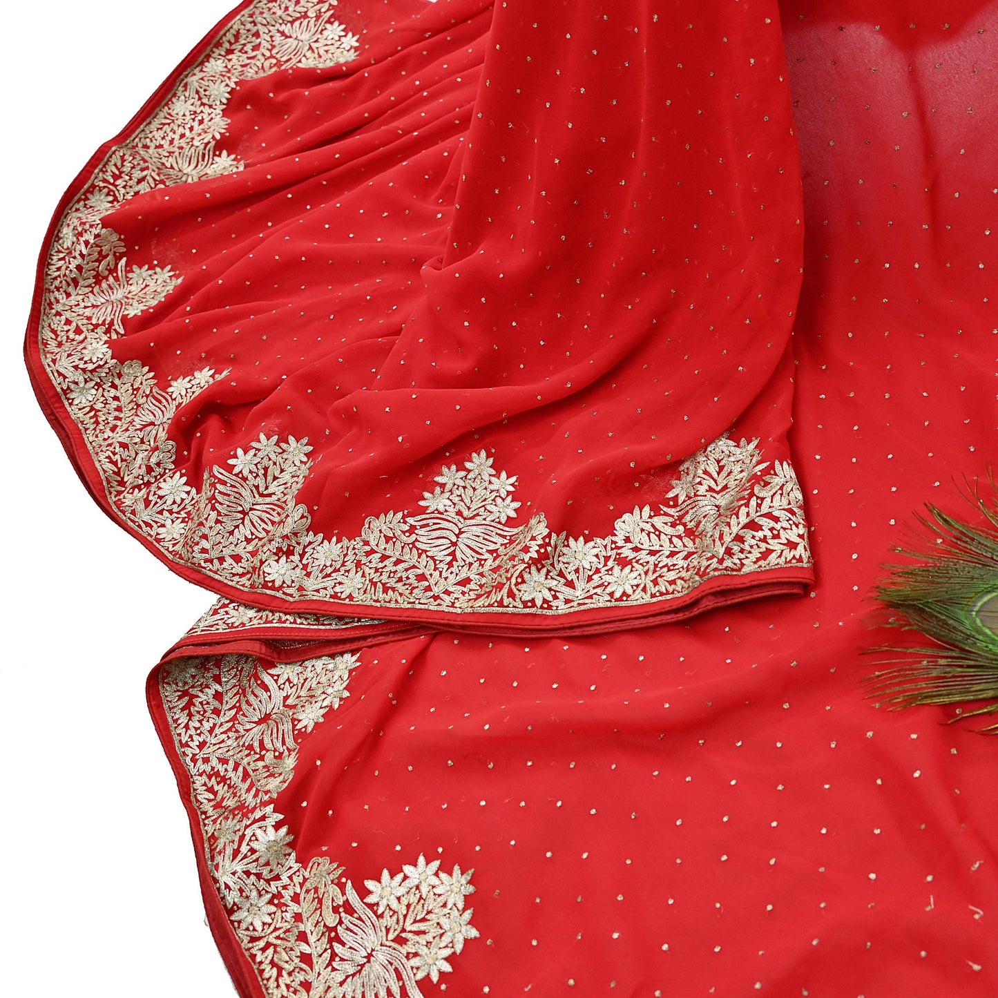 Indian Vintage Heavy Sari Red Georgette Hand Beaded Sarees Craft Fabric 5Yd Sewing Soft Ethnic Wedding Dress making