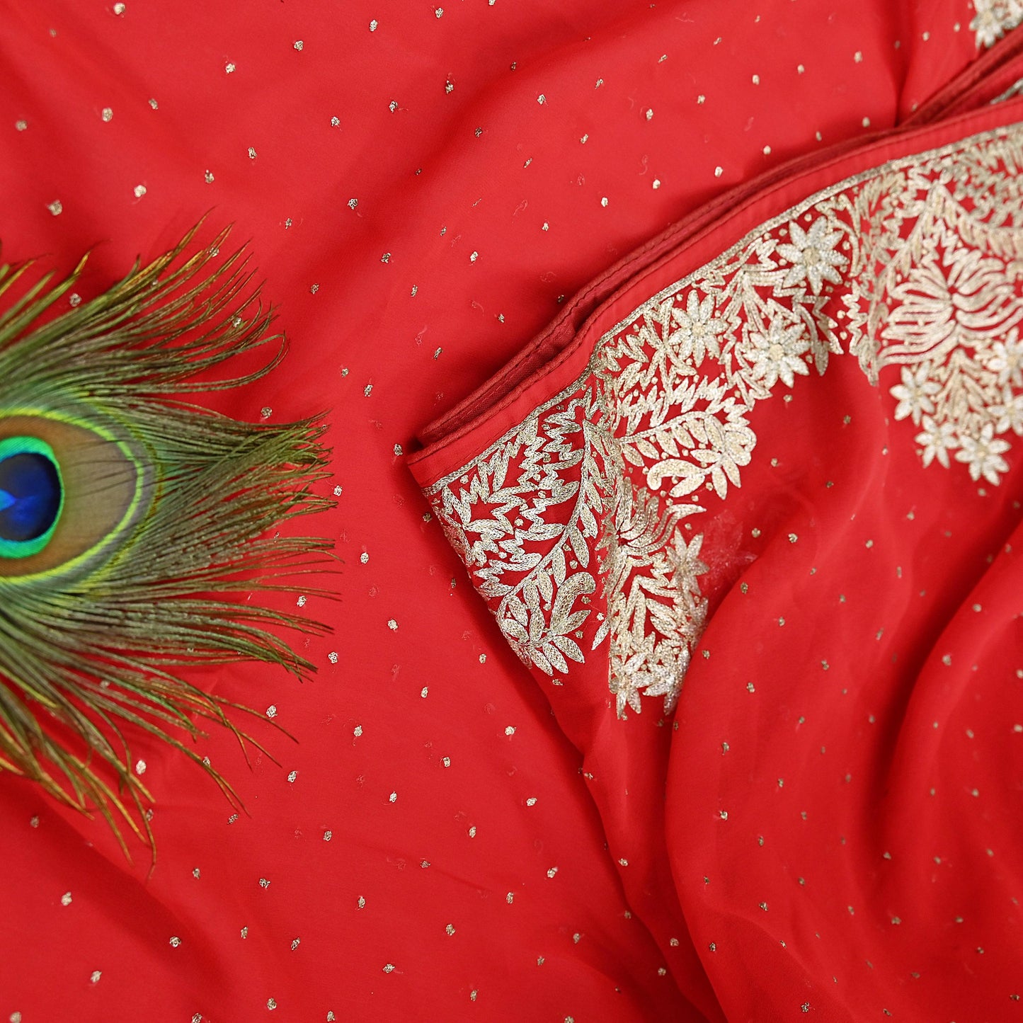 Indian Vintage Heavy Sari Red Georgette Hand Beaded Sarees Craft Fabric 5Yd Sewing Soft Ethnic Wedding Dress making
