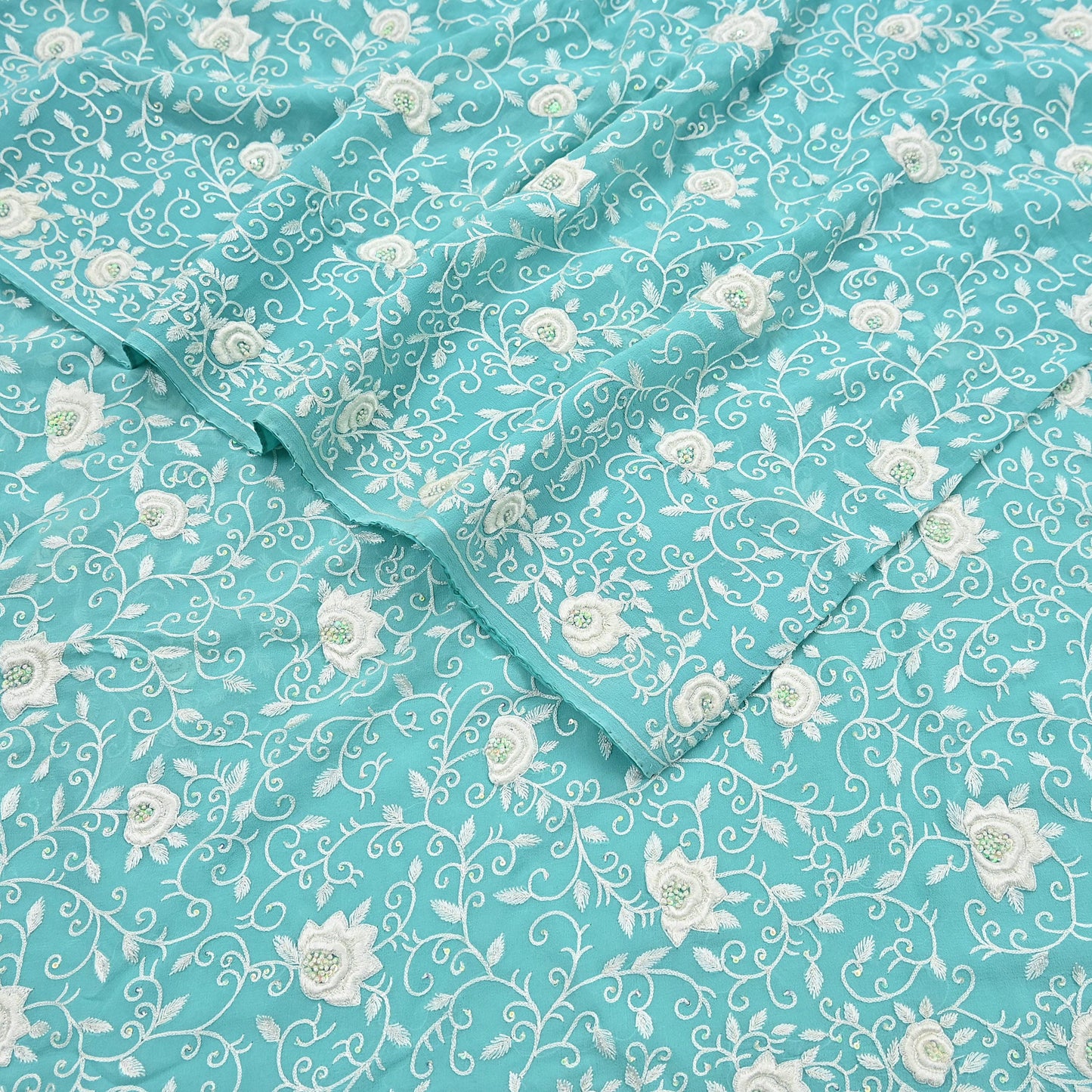 Indian Vintage Heavy Sari Sage Green Pure Georgette Silk Hand Beaded Sarees Craft Fabric 6Yd Sewing Soft Ethnic Wedding Sarees Dress making