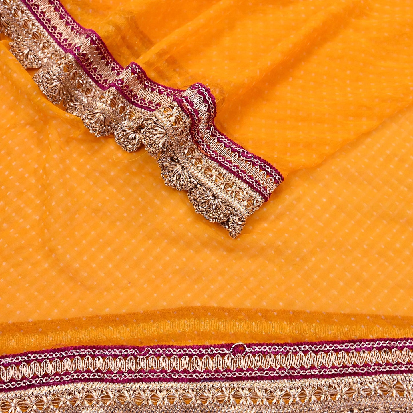 Indian Vintage Saffron Dupatta Pure Georgette Silk Hand Embroidered Bandhani Veil Scarves Soft