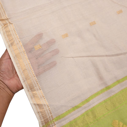 Indian Vintage Dupatta Ivory & Green Long Stole Hand Woven Pure Silk Scarves Veil Zari Soft Fringes Scarf Wrap Boho