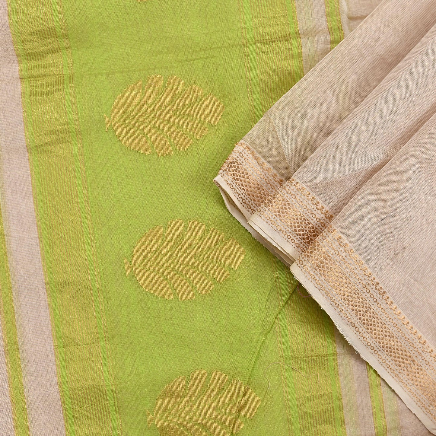 Indian Vintage Dupatta Ivory & Green Long Stole Hand Woven Pure Silk Scarves Veil Zari Soft Fringes Scarf Wrap Boho