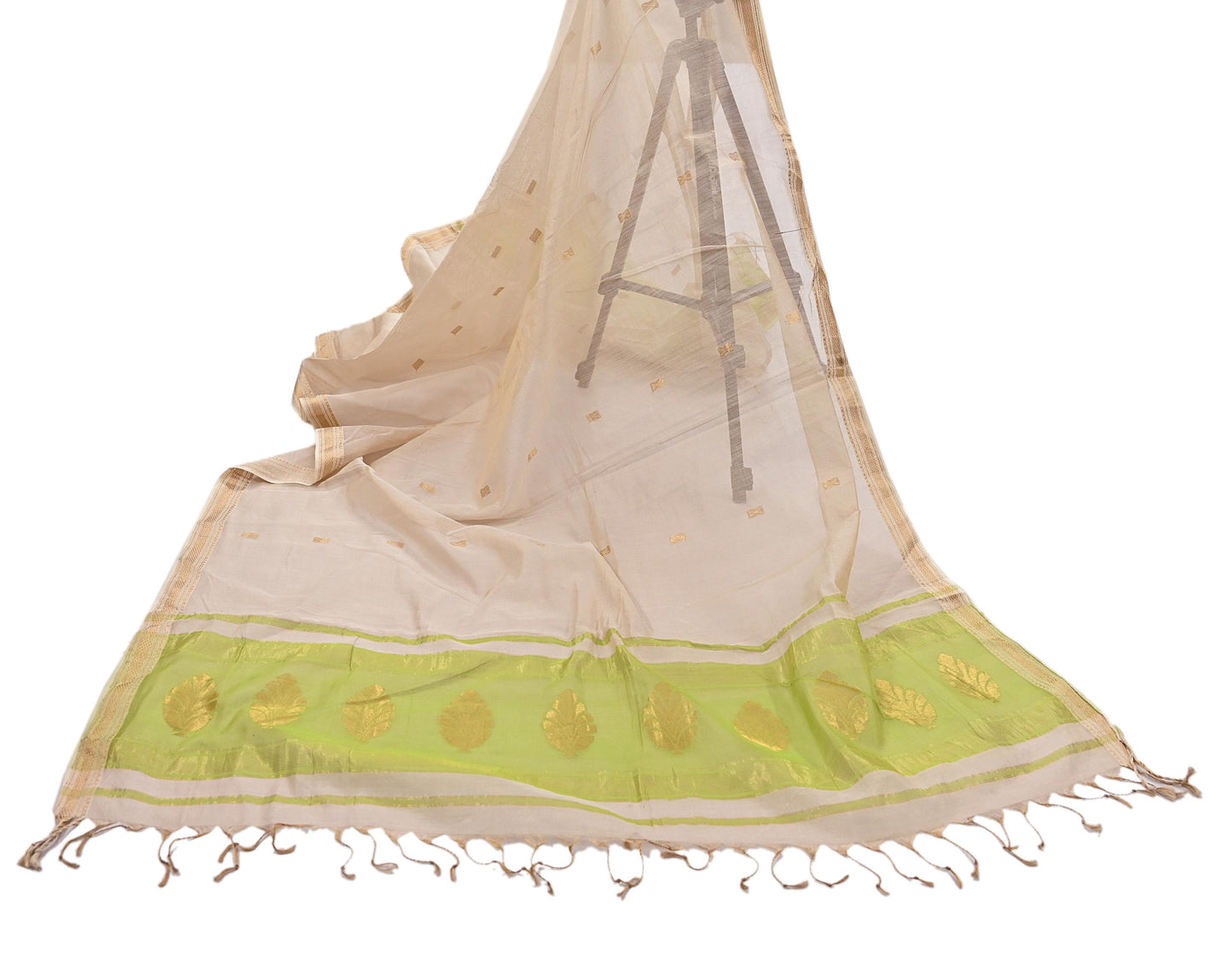 Indian Vintage Dupatta Ivory & Green Long Stole Hand Woven Pure Silk Scarves Veil Zari Soft Fringes Scarf Wrap Boho