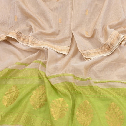Indian Vintage Dupatta Ivory & Green Long Stole Hand Woven Pure Silk Scarves Veil Zari Soft Fringes Scarf Wrap Boho