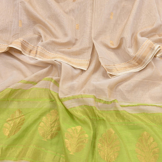 Indian Vintage Dupatta Ivory & Green Long Stole Hand Woven Pure Silk Scarves Veil Zari Soft Fringes Scarf Wrap Boho