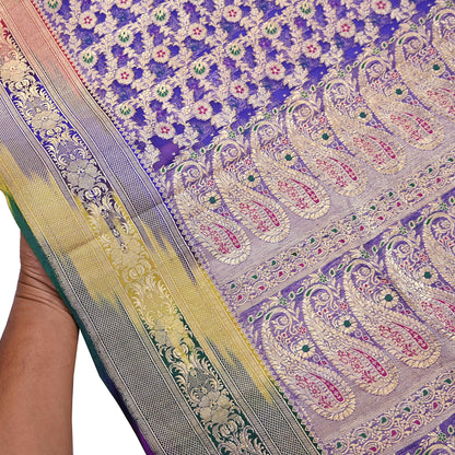 Indian Vintage Purple Heavy Saree Pure Organza Silk Woven Banarasi Brocade Indian Sari Fabric Golden Zari 5Yd Ethnic