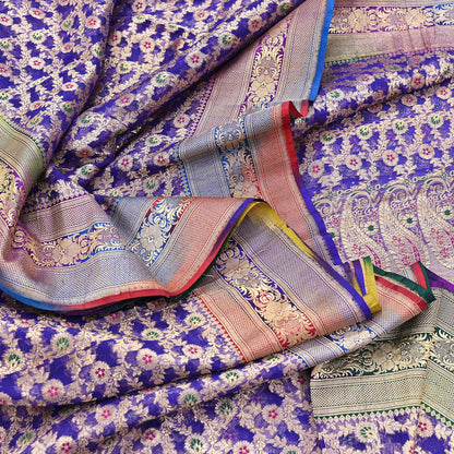 Indian Vintage Purple Heavy Saree Pure Organza Silk Woven Banarasi Brocade Indian Sari Fabric Golden Zari 5Yd Ethnic