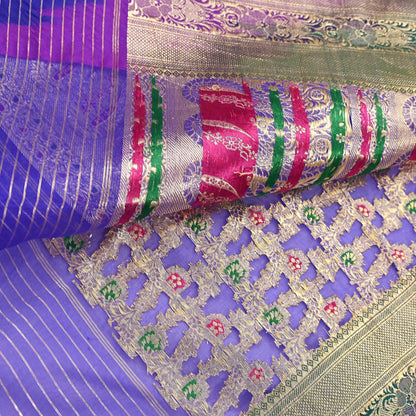 Indian Vintage Purple Heavy Saree Pure Organza Silk Woven Banarasi Brocade Indian Sari Fabric Golden Zari 5Yd Ethnic