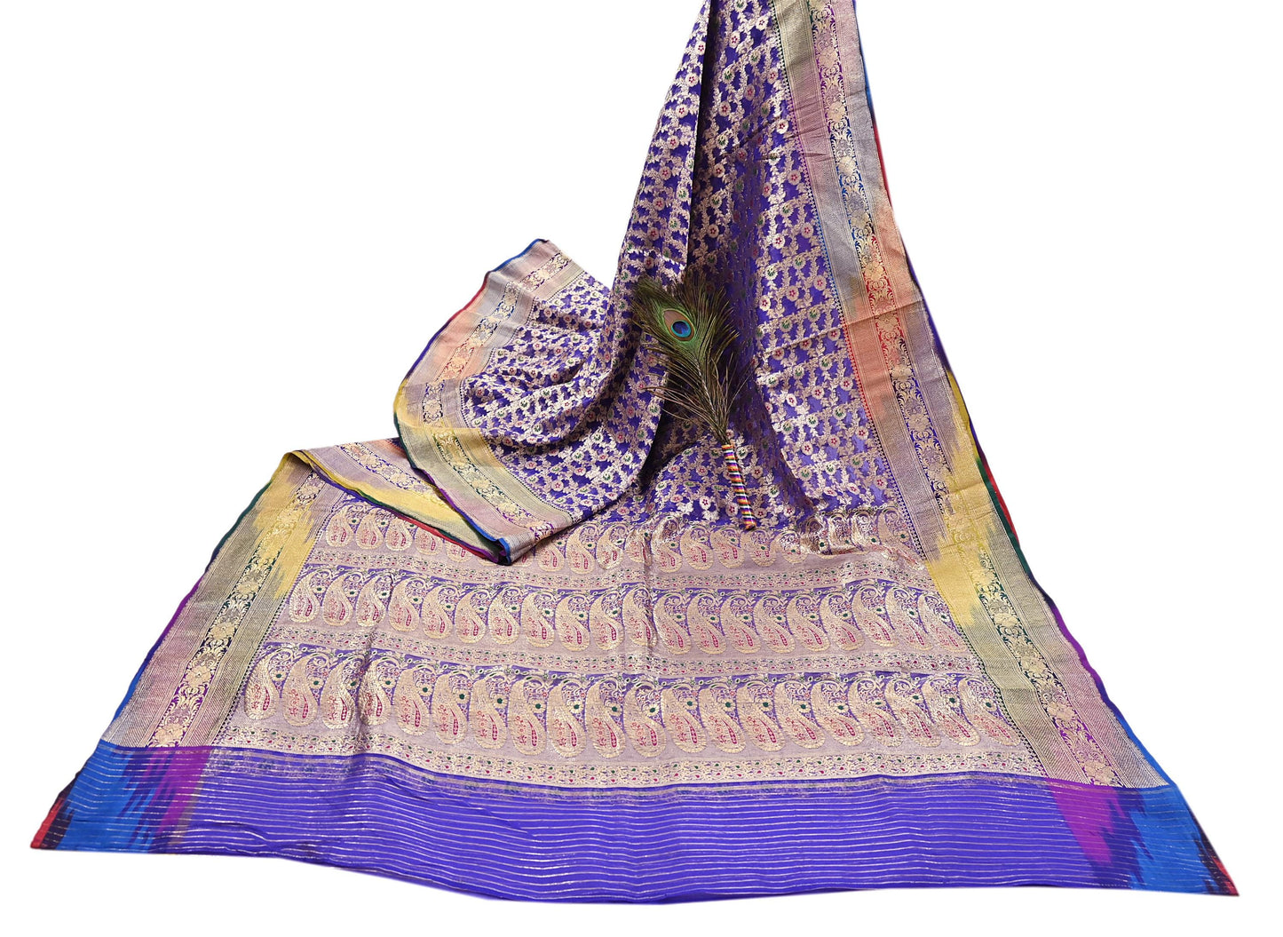 Indian Vintage Purple Heavy Saree Pure Organza Silk Woven Banarasi Brocade Indian Sari Fabric Golden Zari 5Yd Ethnic