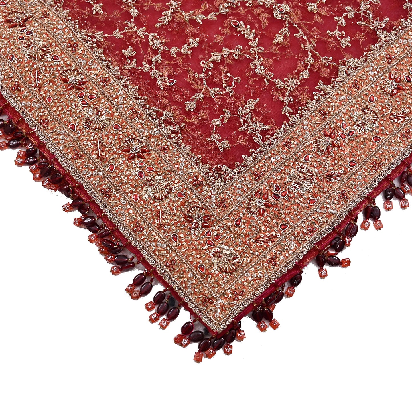 Indian Vintage Heavy Bridal Red Dupatta Net Mesh Long Stole Hand Embroidered Scarves Zardozi Dabka Zari Wedding dupatta veil hijab