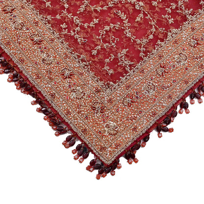 Indian Vintage Heavy Bridal Red Dupatta Net Mesh Long Stole Hand Embroidered Scarves Zardozi Dabka Zari Wedding dupatta veil hijab