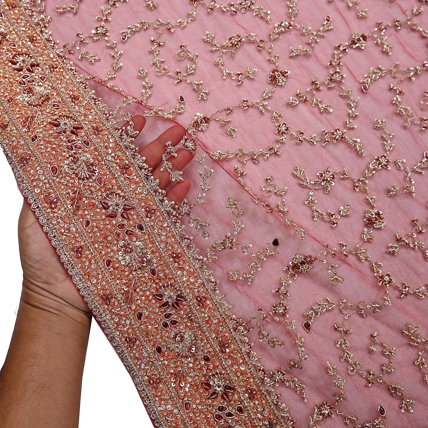 Indian Vintage Heavy Bridal Red Dupatta Net Mesh Long Stole Hand Embroidered Scarves Zardozi Dabka Zari Wedding dupatta veil hijab