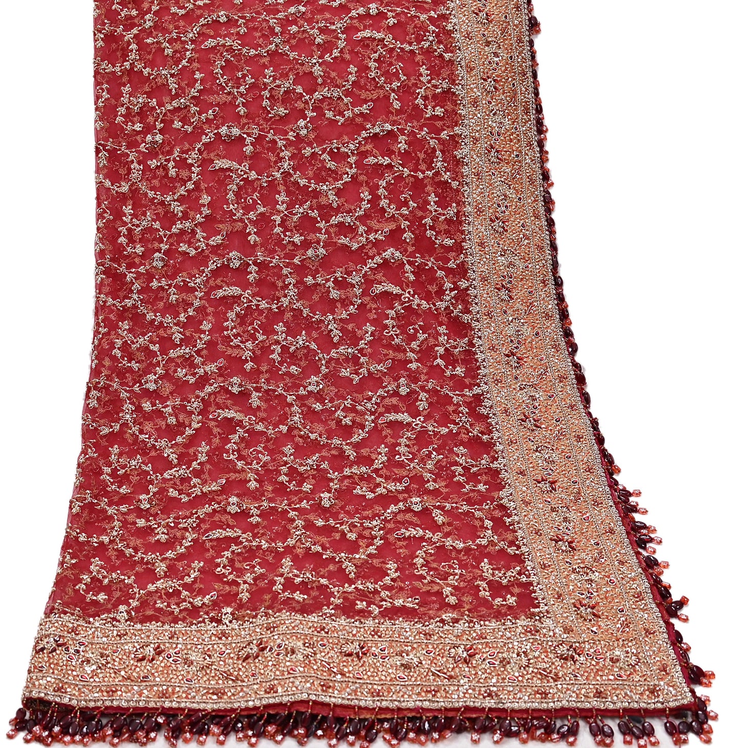 Indian Vintage Heavy Bridal Red Dupatta Net Mesh Long Stole Hand Embroidered Scarves Zardozi Dabka Zari Wedding dupatta veil hijab