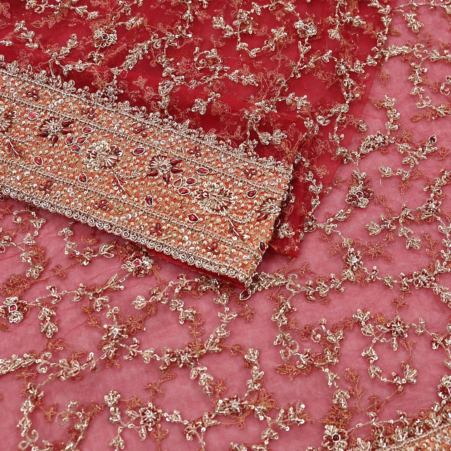 Indian Vintage Heavy Bridal Red Dupatta Net Mesh Long Stole Hand Embroidered Scarves Zardozi Dabka Zari Wedding dupatta veil hijab