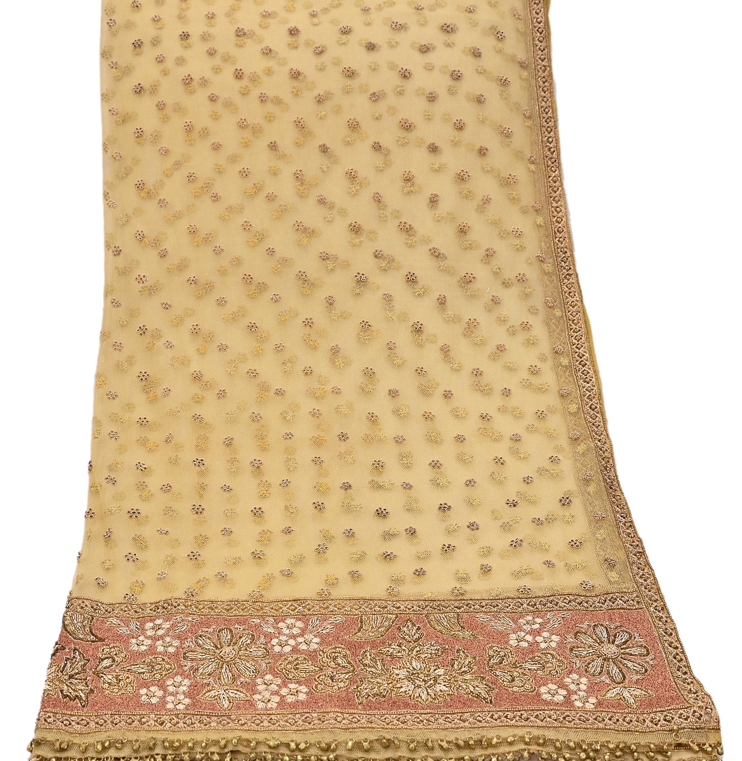 Indian Vintage Heavy Yellow Dupatta Net Mesh Long Stole Hand Embroidered Scarves Golden Zardozi Dabka Zari Stole